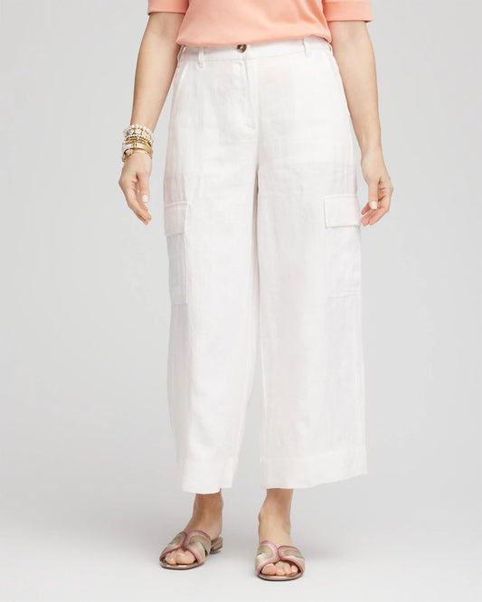 Chico's Linen Cargo Wide-Leg Cropped Pants Alabaster
