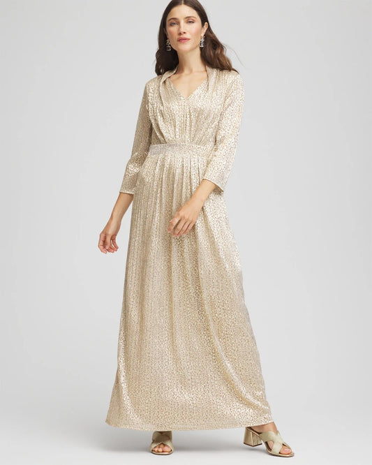 Chico's Metallic Knit Pleated Maxi Dress Gold