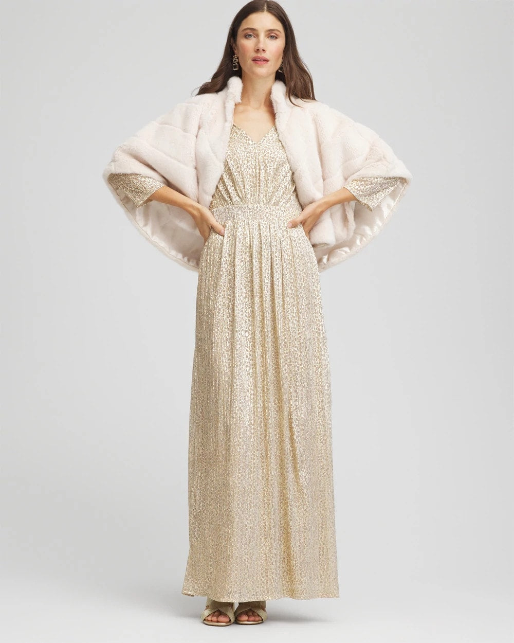 Chico's Metallic Knit Pleated Maxi Dress Gold