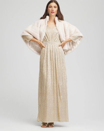 Chico's Metallic Knit Pleated Maxi Dress Gold