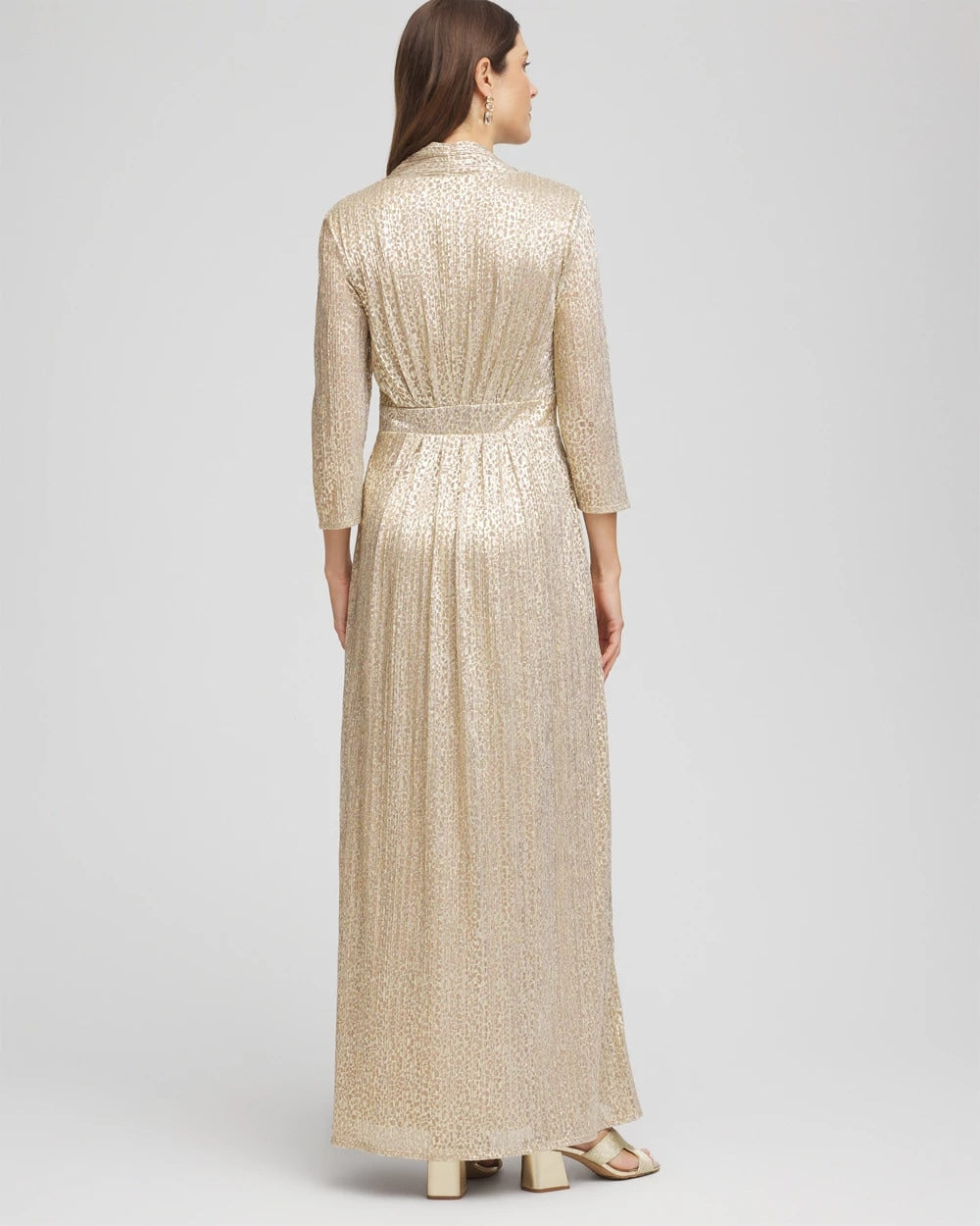 Chico's Metallic Knit Pleated Maxi Dress Gold
