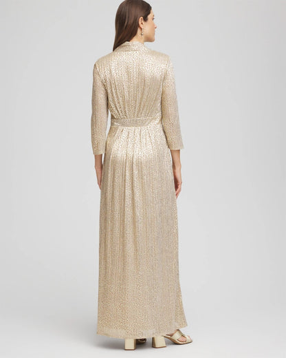 Chico's Metallic Knit Pleated Maxi Dress Gold