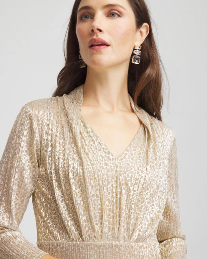 Chico's Metallic Knit Pleated Maxi Dress Gold