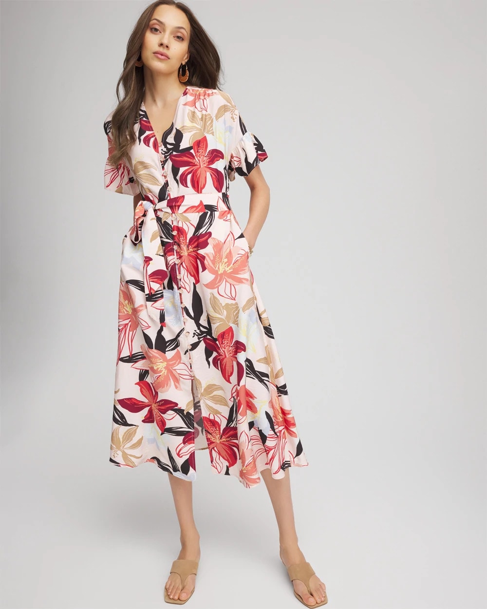 Chico's Tonal Floral Ruffle-Sleeved Midi Dress Multi