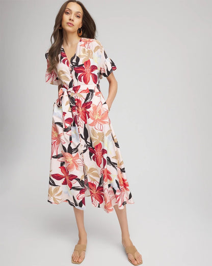 Chico's Tonal Floral Ruffle-Sleeved Midi Dress Multi