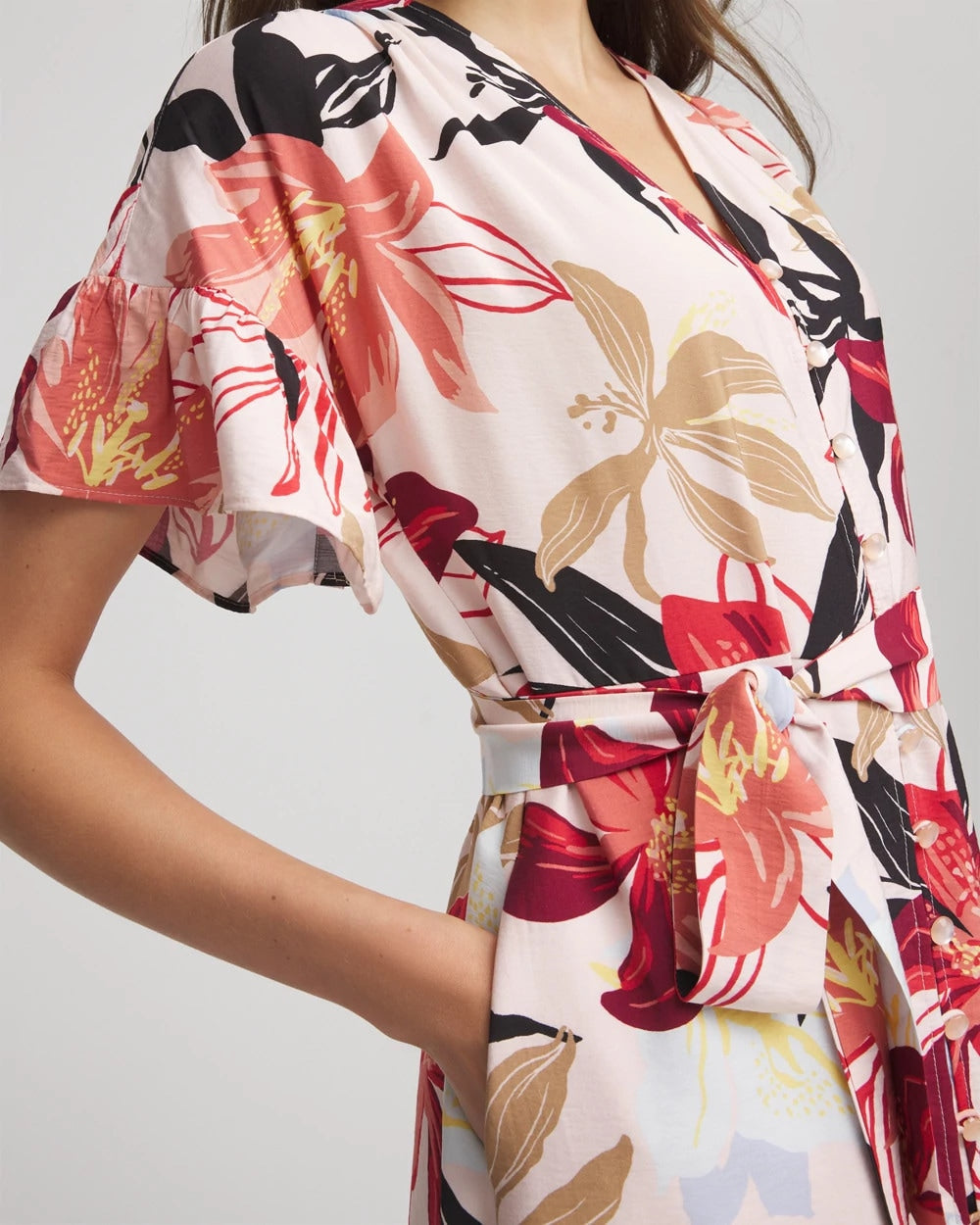 Chico's Tonal Floral Ruffle-Sleeved Midi Dress Multi