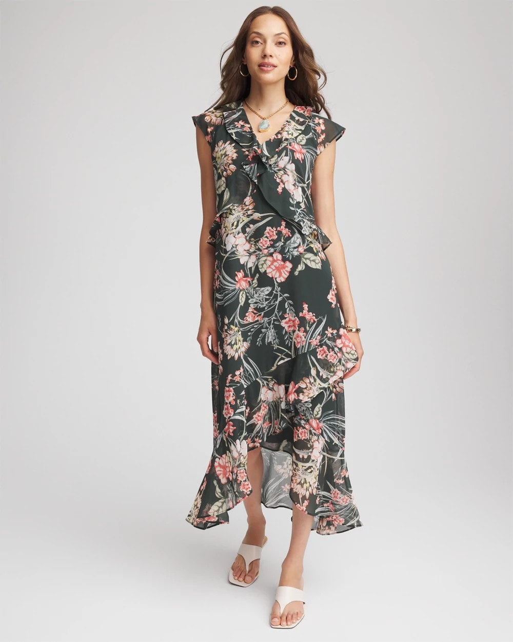 Chico's Floral Ruffle-Trim Chiffon Dress Darkest Spruce