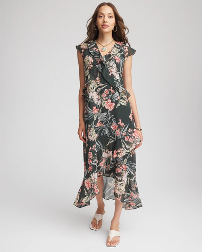 Chico's Floral Ruffle-Trim Chiffon Dress Darkest Spruce