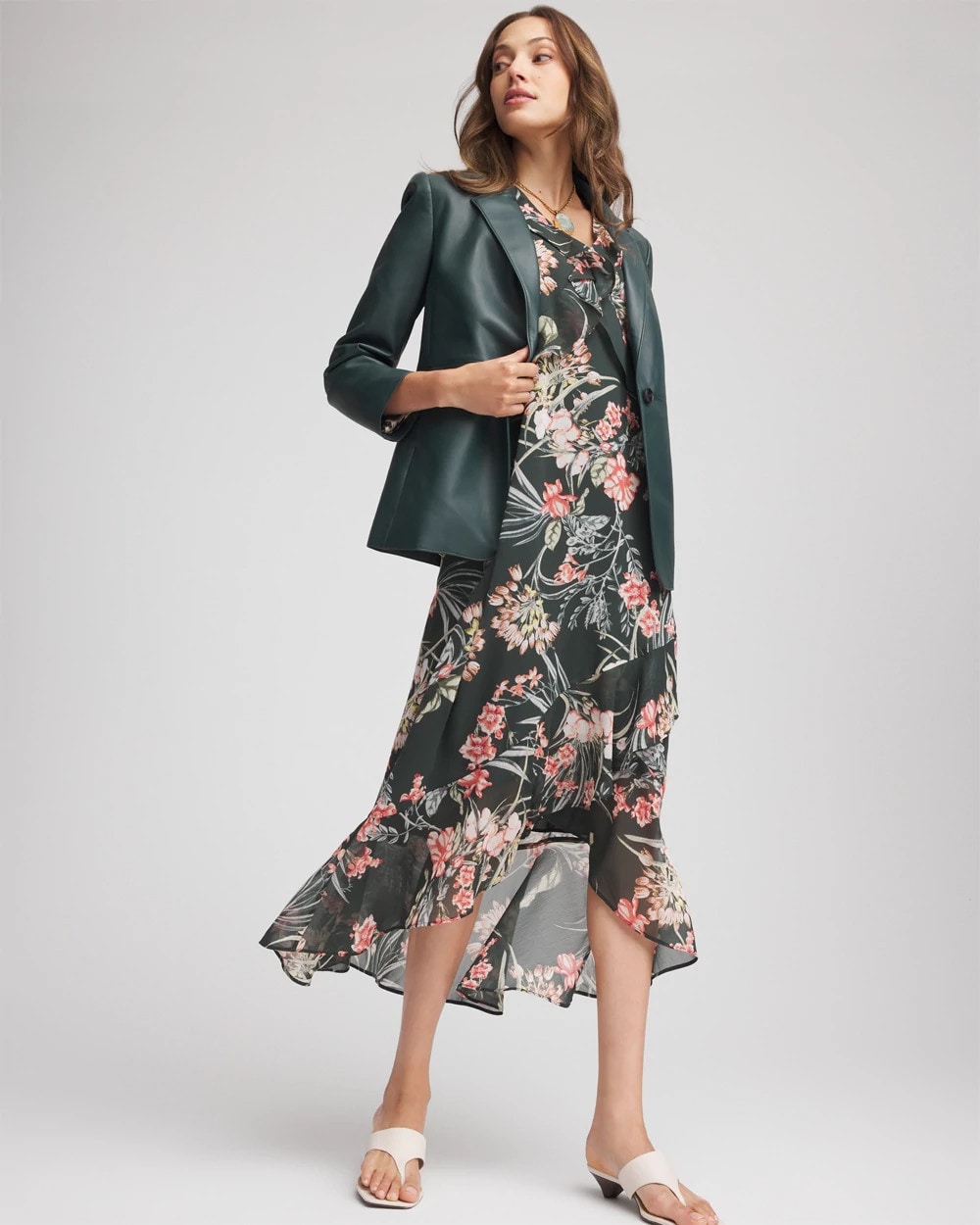 Chico's Floral Ruffle-Trim Chiffon Dress Darkest Spruce