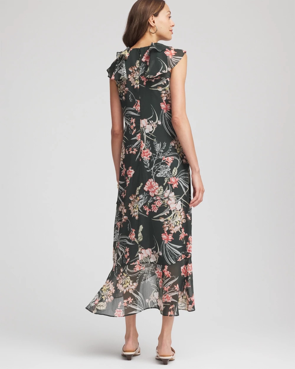 Chico's Floral Ruffle-Trim Chiffon Dress Darkest Spruce