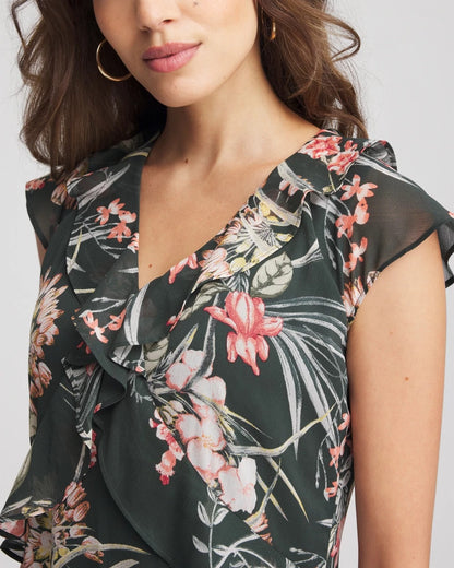 Chico's Floral Ruffle-Trim Chiffon Dress Darkest Spruce