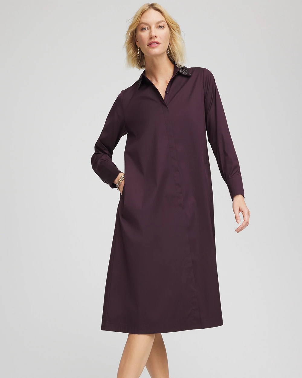 Chico's Sequin Collar Midi Shirtdress Night Bloom