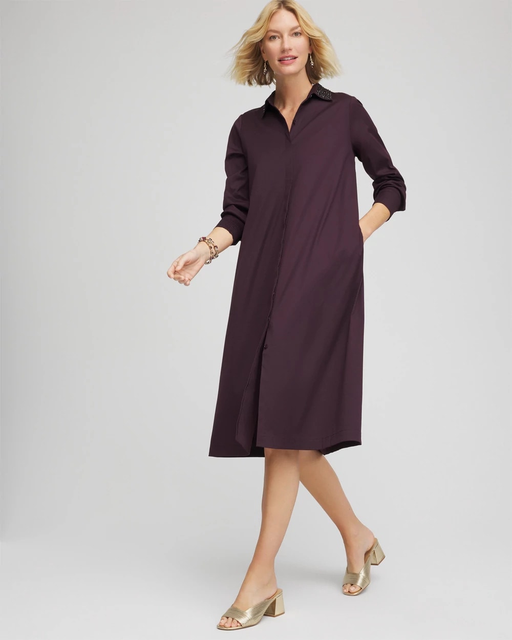 Chico's Sequin Collar Midi Shirtdress Night Bloom