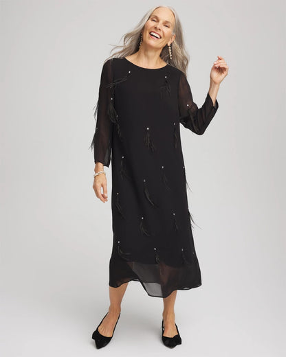 Chico's Feathered Georgette Popover Dress Black