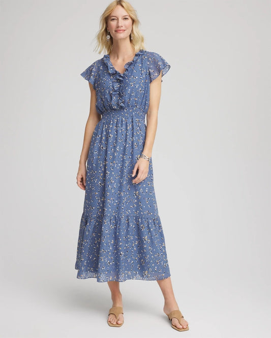 Chico's Textured Ruffled-Placket Maxi Dress Blue Lotus