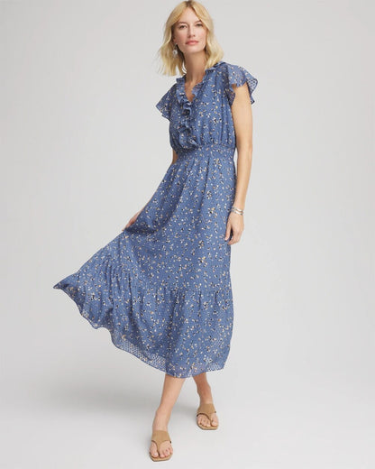 Chico's Textured Ruffled-Placket Maxi Dress Blue Lotus