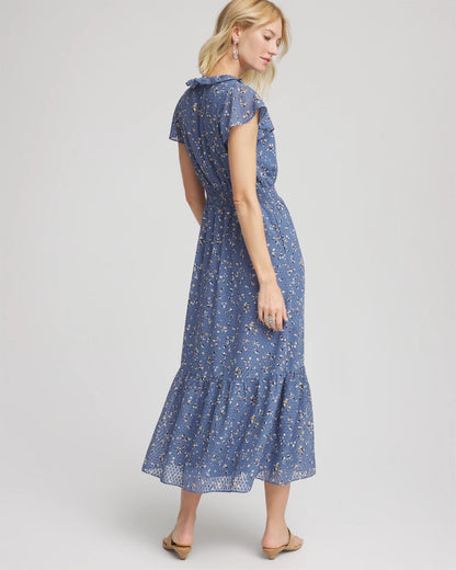 Chico's Textured Ruffled-Placket Maxi Dress Blue Lotus