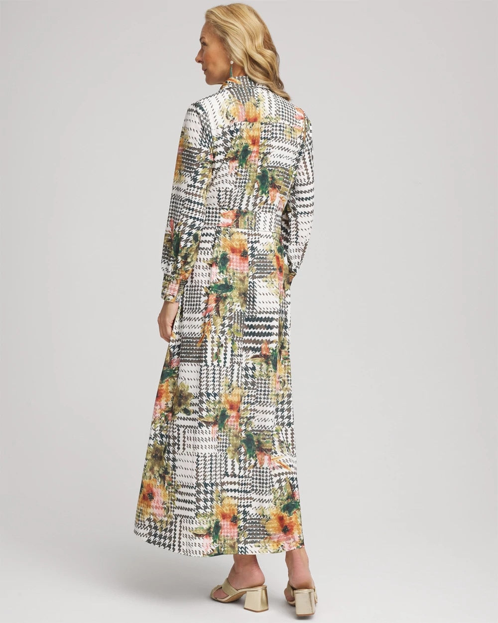 Chico's Artisanal Floral Print  Maxi Shirtdress Ecru