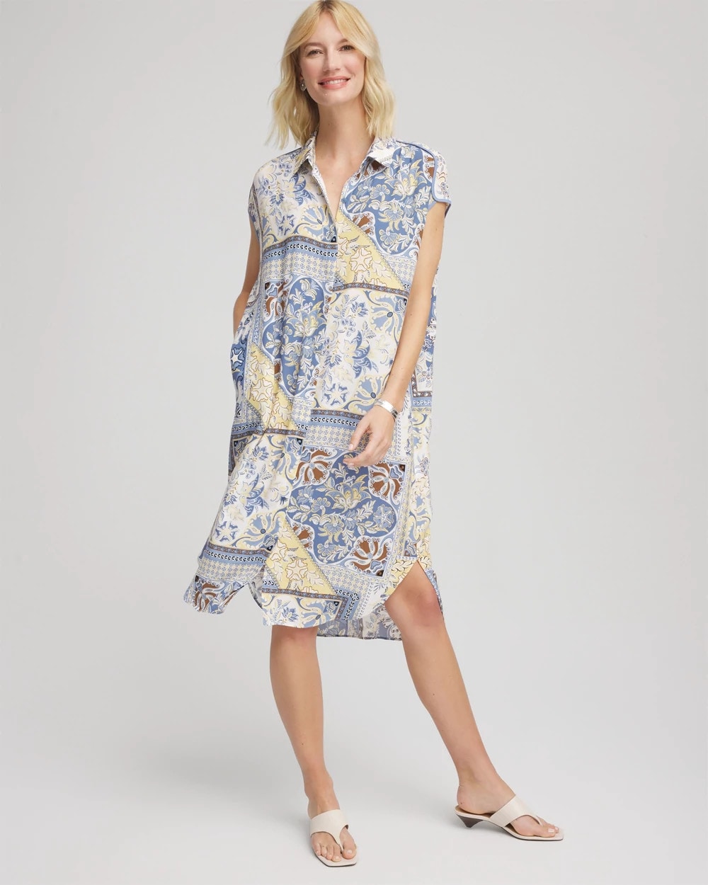 Chico's Floral Patchwork Short Shirtdress Ecru