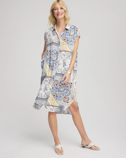 Chico's Floral Patchwork Short Shirtdress Ecru