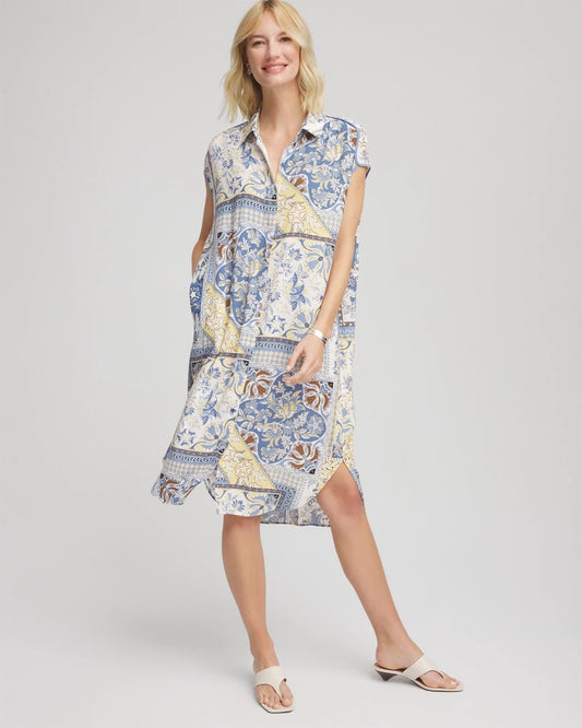 Chico's Floral Patchwork Short Shirtdress Ecru
