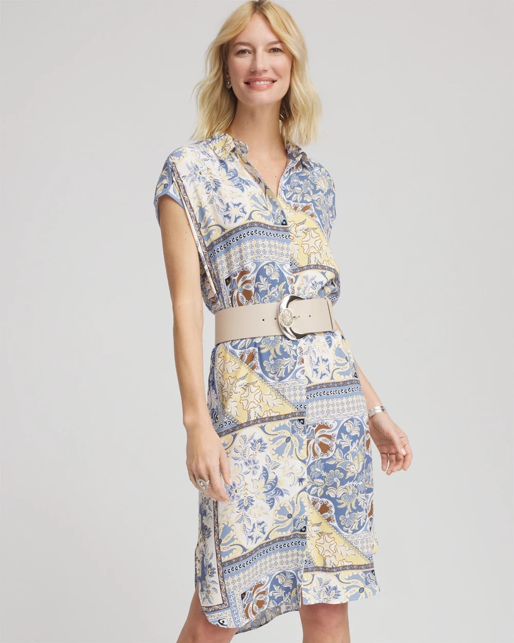 Chico's Floral Patchwork Short Shirtdress Ecru