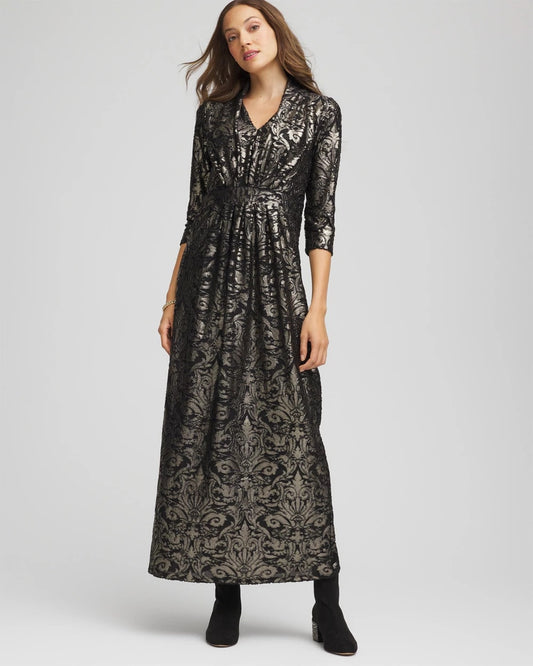 Chico's Foiled Knit Pleated Maxi Dress Black