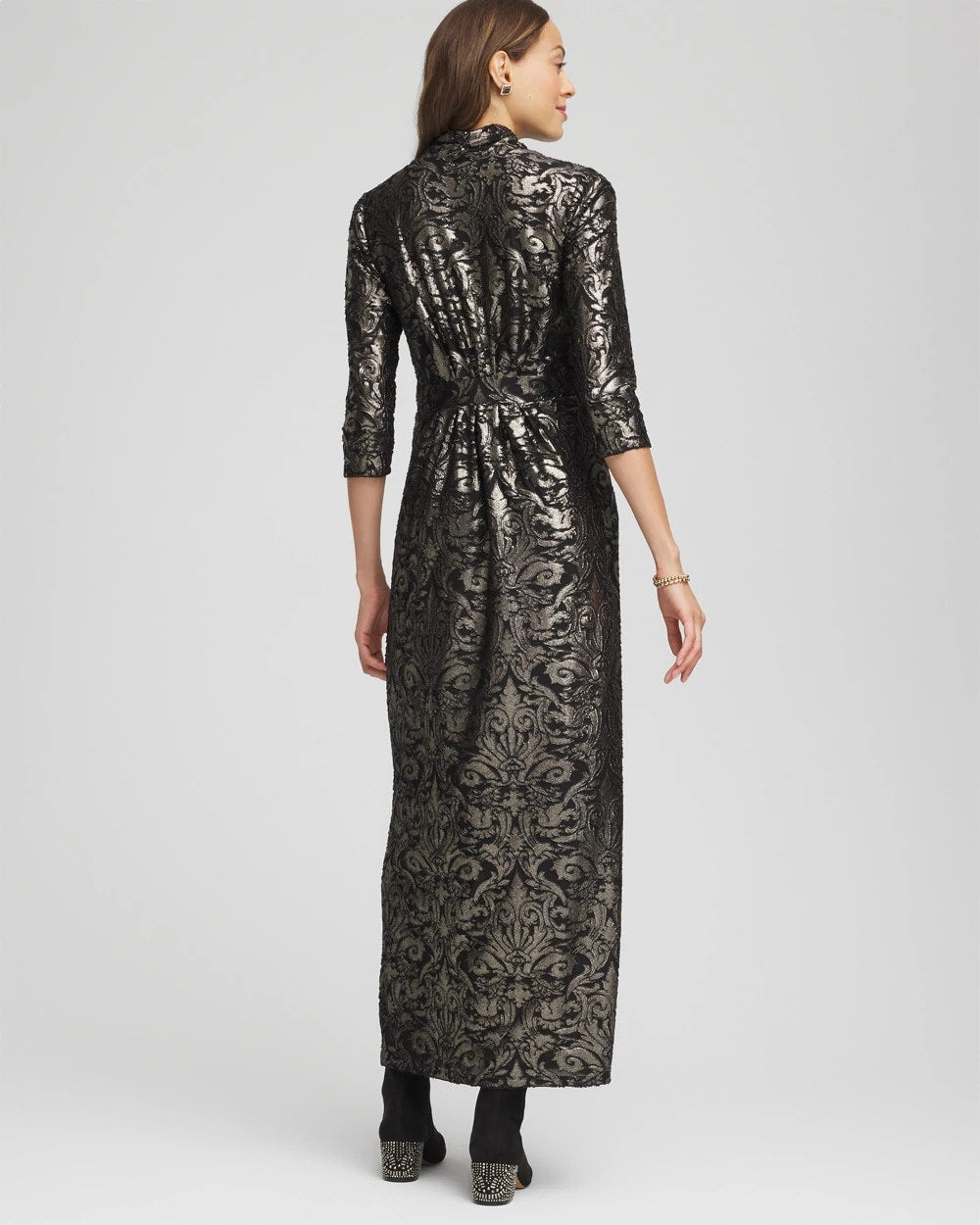 Chico's Foiled Knit Pleated Maxi Dress Black