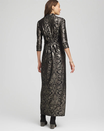 Chico's Foiled Knit Pleated Maxi Dress Black
