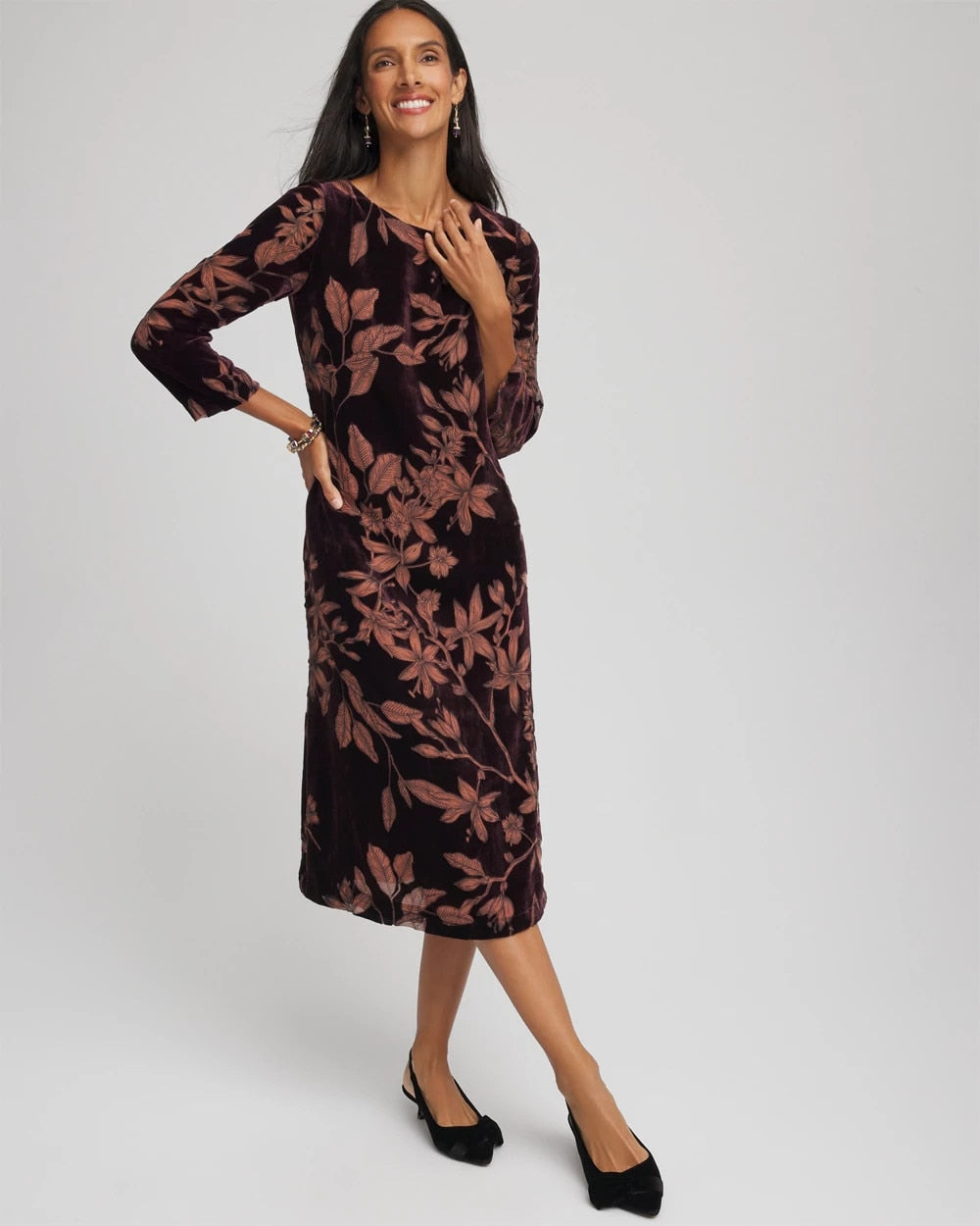 Chico's Burnout Velvet Midi Dress Night Bloom