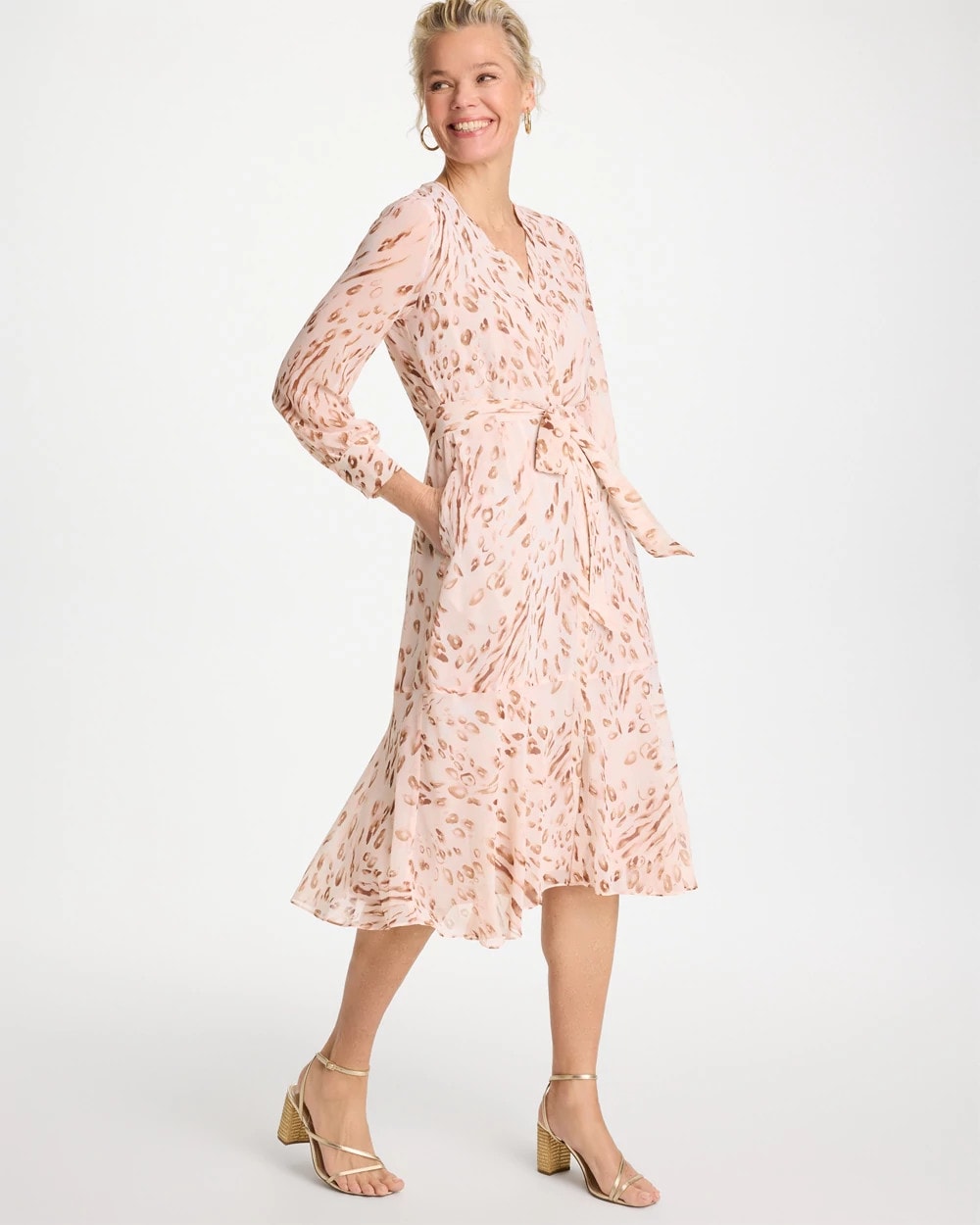 Chico's Cheetah Georgette Tie Shirtdress Sweet Blossom