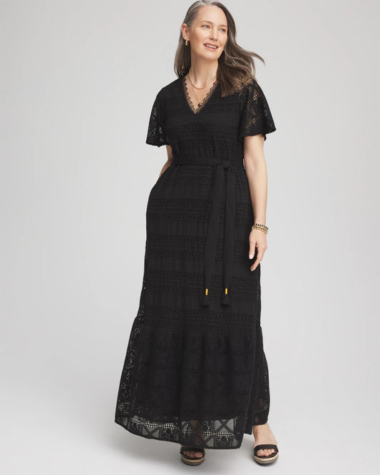 Chico's Petite Crochet-Lace Maxi Dress Black