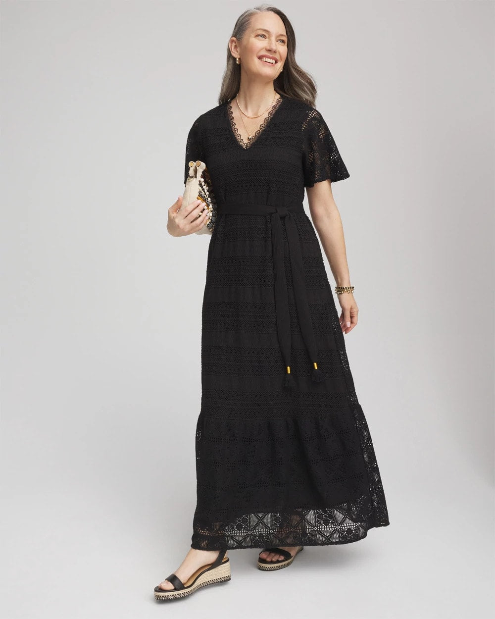 Chico's Petite Crochet-Lace Maxi Dress Black