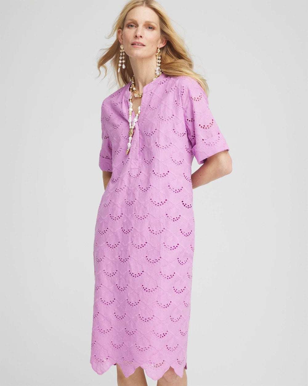Chico's Eyelet Popover Dress Lavender Skies