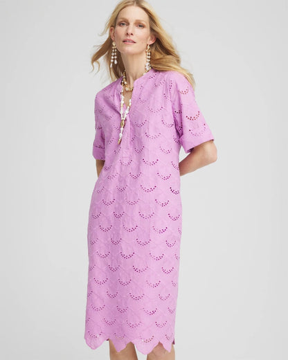 Chico's Eyelet Popover Dress Lavender Skies