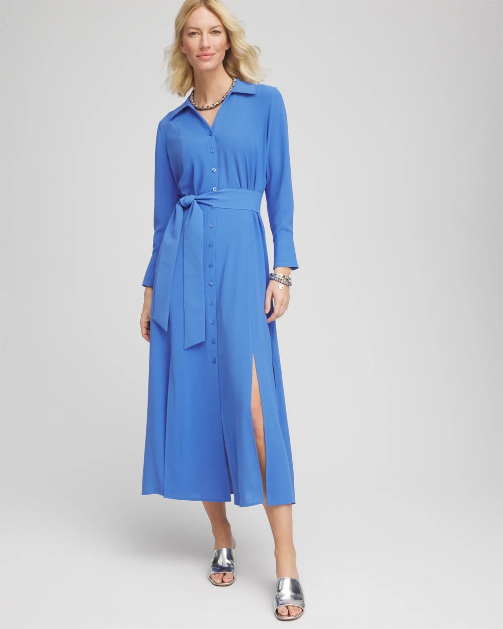 Chico's Belted Split Hem Maxi Shirtdress Blue Pearl