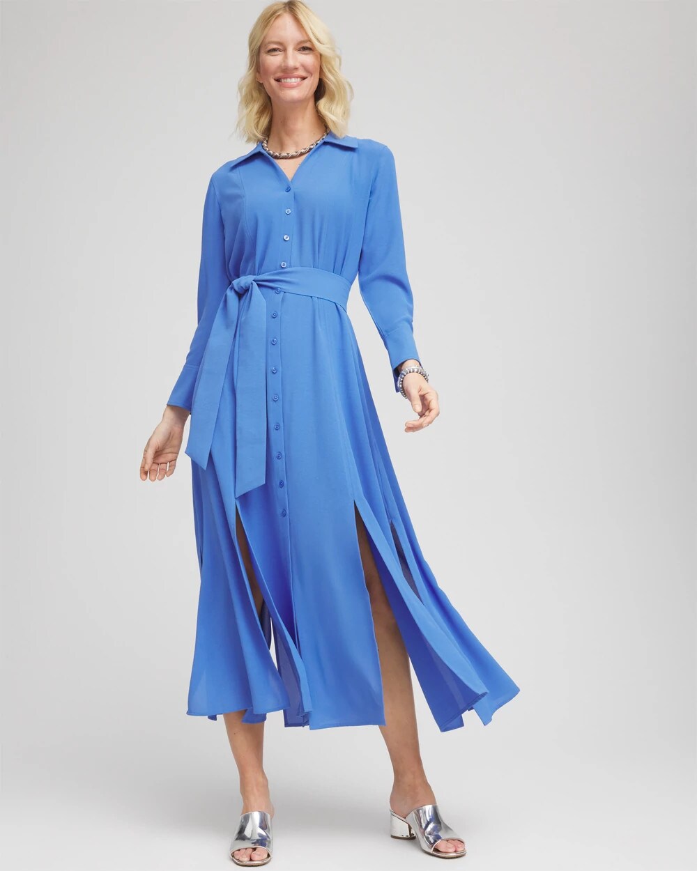 Chico's Belted Split Hem Maxi Shirtdress Blue Pearl