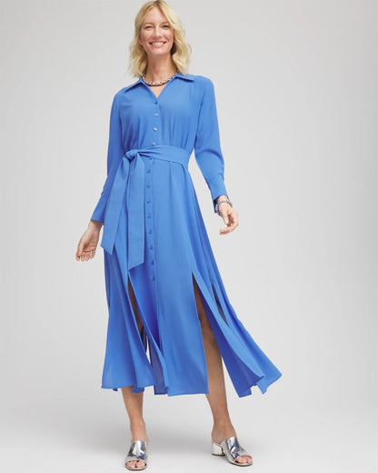 Chico's Belted Split Hem Maxi Shirtdress Blue Pearl