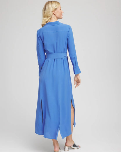 Chico's Belted Split Hem Maxi Shirtdress Blue Pearl