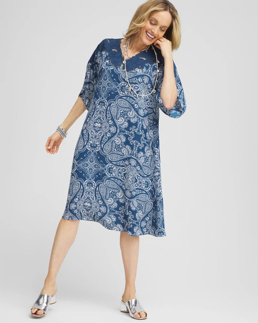 Chico's Crepe Lace-Neck Dress Seaport Blue