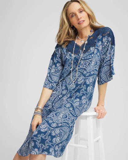 Chico's Crepe Lace-Neck Dress Seaport Blue