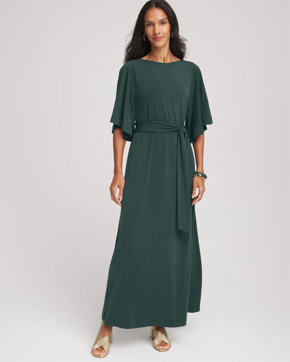 Chico's Belted Flutter-Sleeve Maxi Dress Darkest Spruce