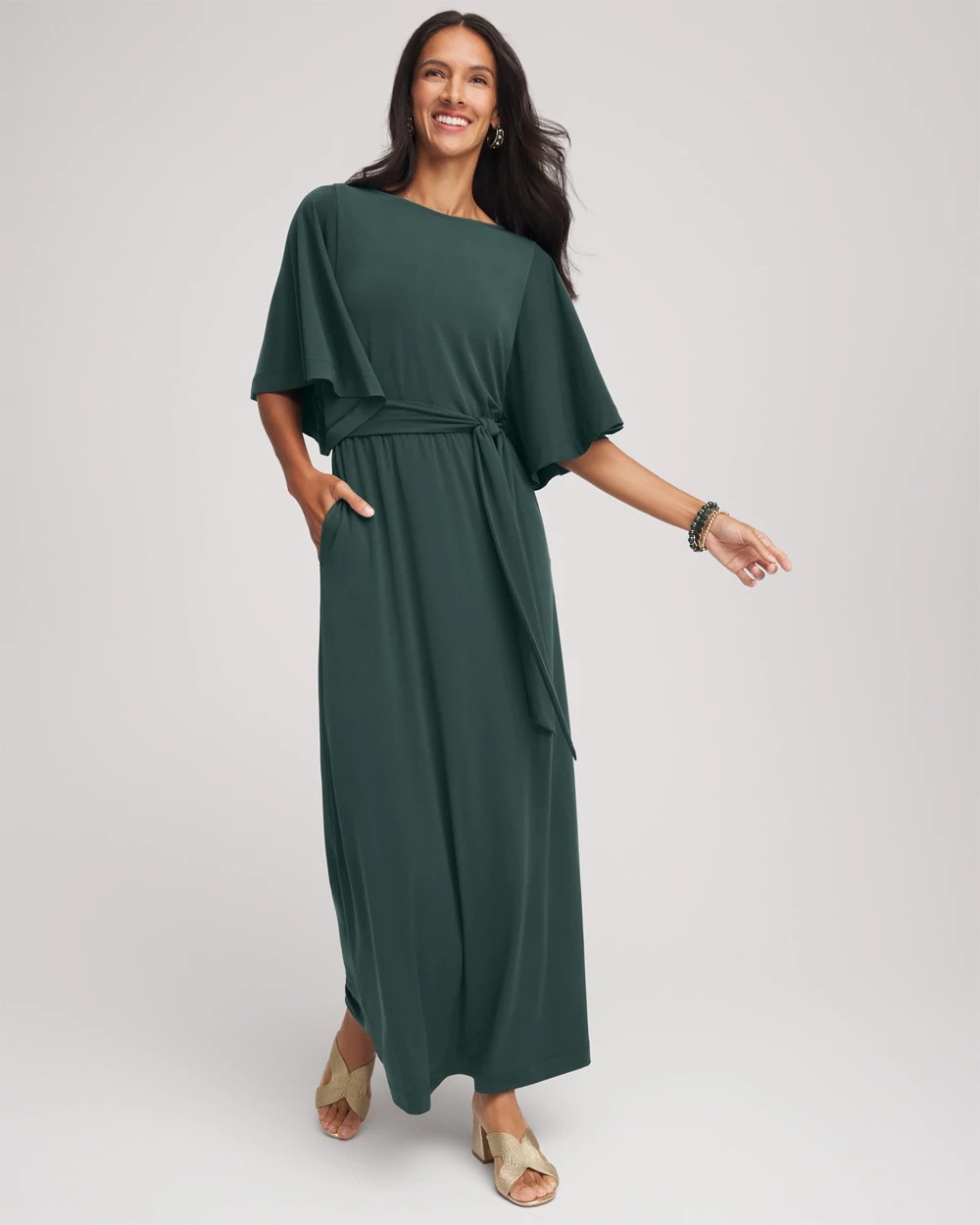 Chico's Belted Flutter-Sleeve Maxi Dress Darkest Spruce