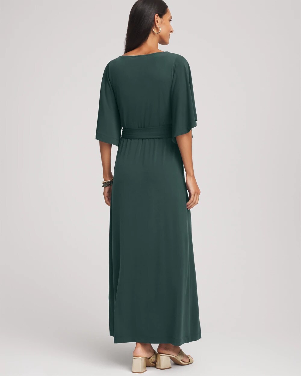 Chico's Belted Flutter-Sleeve Maxi Dress Darkest Spruce