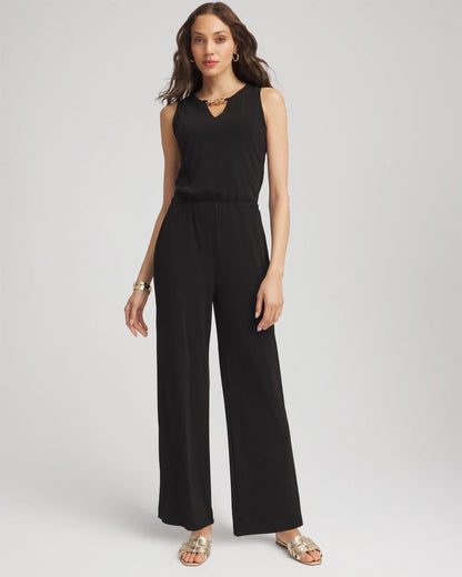 Chico's Travelers™ Jersey Knit Chain-Trim Jumpsuit Black