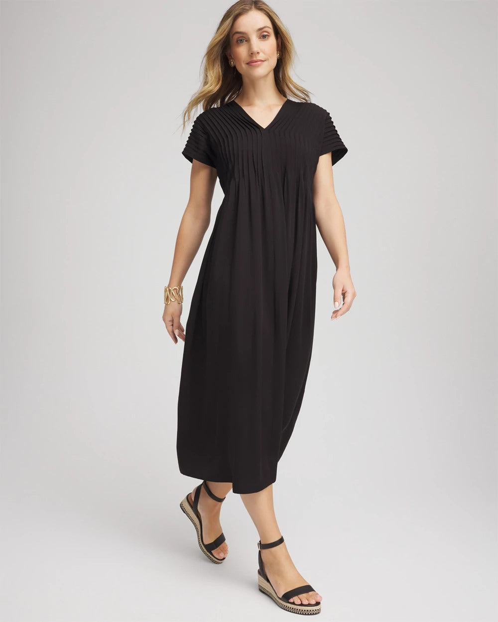 Chico's Silk-Twill Popover Midi Dress Black