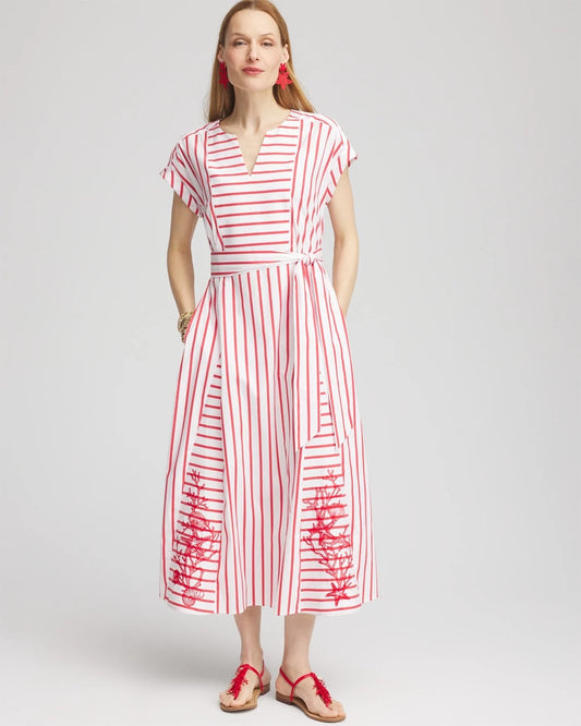 Chico's Embroidered Godet Striped Maxi Dress Alabaster