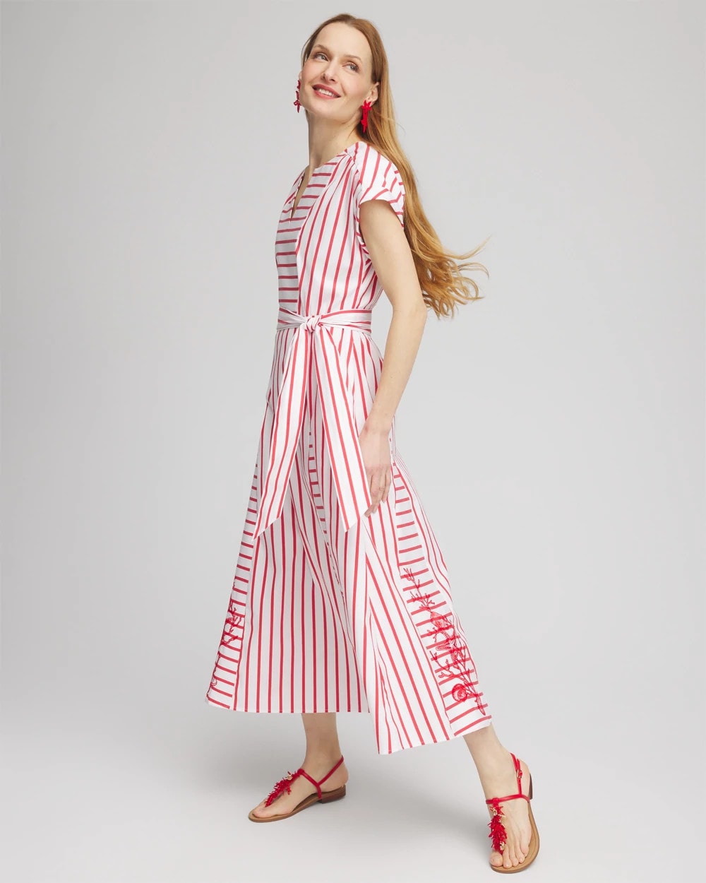 Chico's Embroidered Godet Striped Maxi Dress Alabaster
