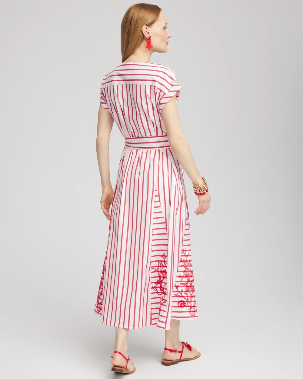 Chico's Embroidered Godet Striped Maxi Dress Alabaster