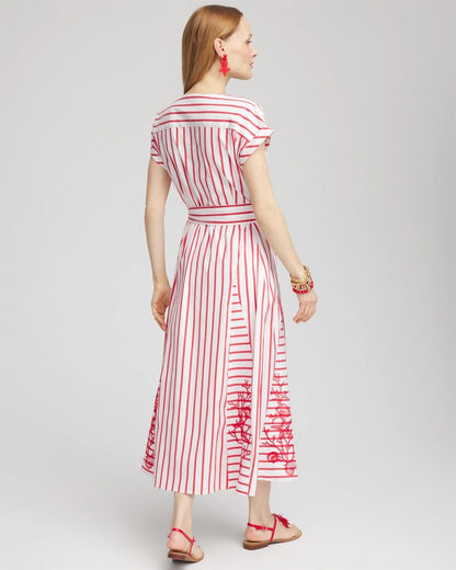 Chico's Embroidered Godet Striped Maxi Dress Alabaster